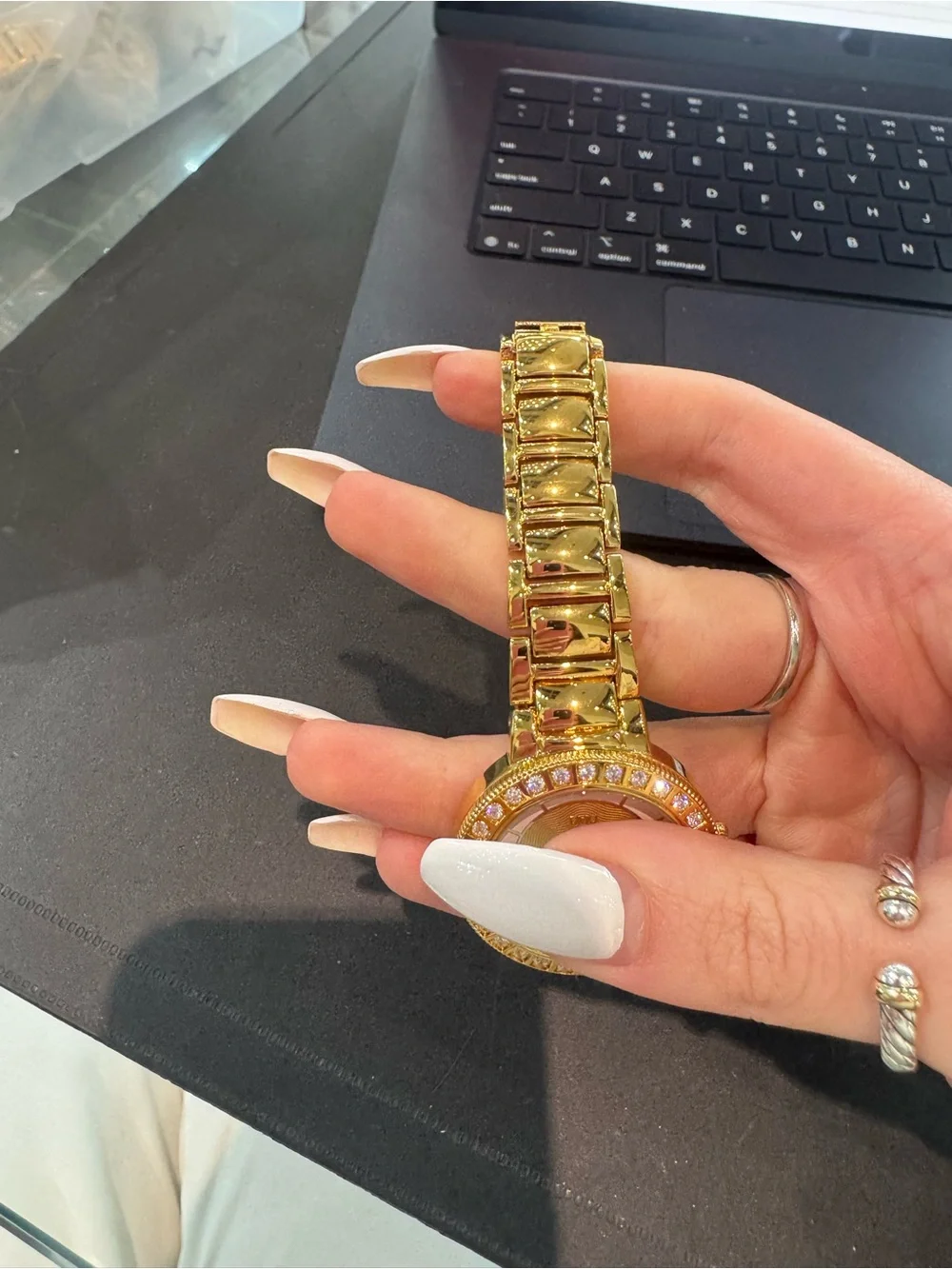 New DMQ Women’s Gold-Tone Round Dress Watch w/ Swirl Dial, Crystal Bezel